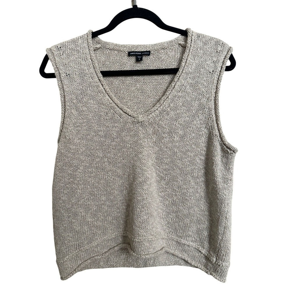 James Perse Cotton Linen Chunky Knit V-Neck Tank Top Beige Size 2 M